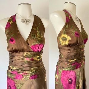 Silk Floral Brown Olive Green Midi Halter Neck Open Back Size 10 Women’s Dress